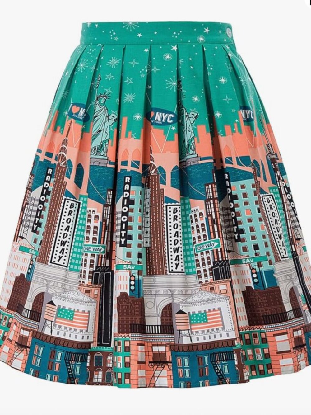 New York City Skyline A-Line Pleated XL Skirt with Pockets Liberty Broadway NYC